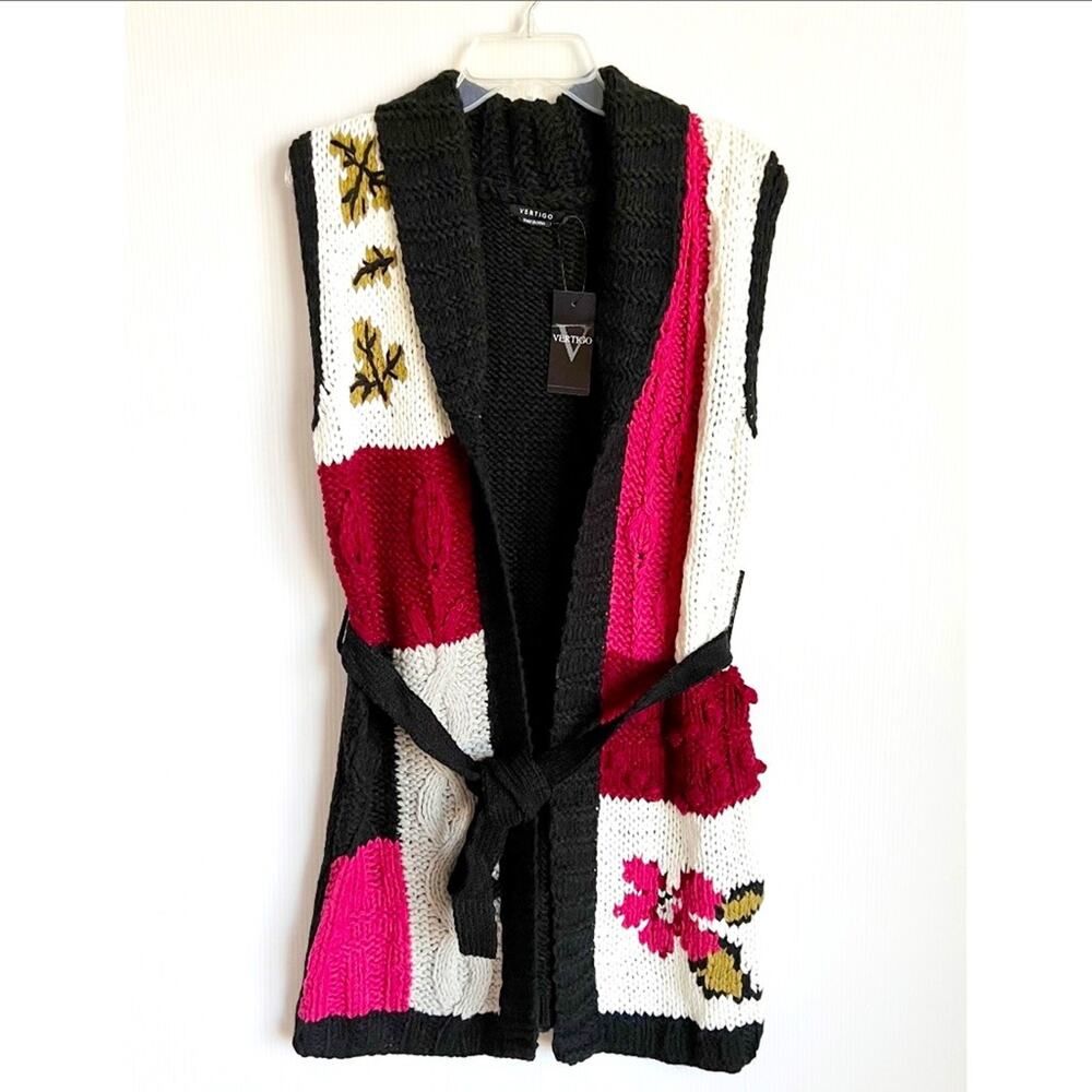 Vertigo Chunky Color Block Open Front Tie Waist Floral Sweater Vest Medium